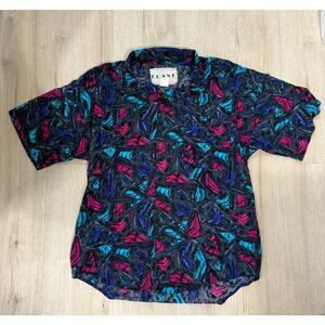 Vintage Frank Abstract Print Button Up Shirt 80s 90s Retro Neon Geometric Medium